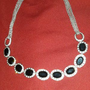 Black Gem Silver Necklace with Rhinestones